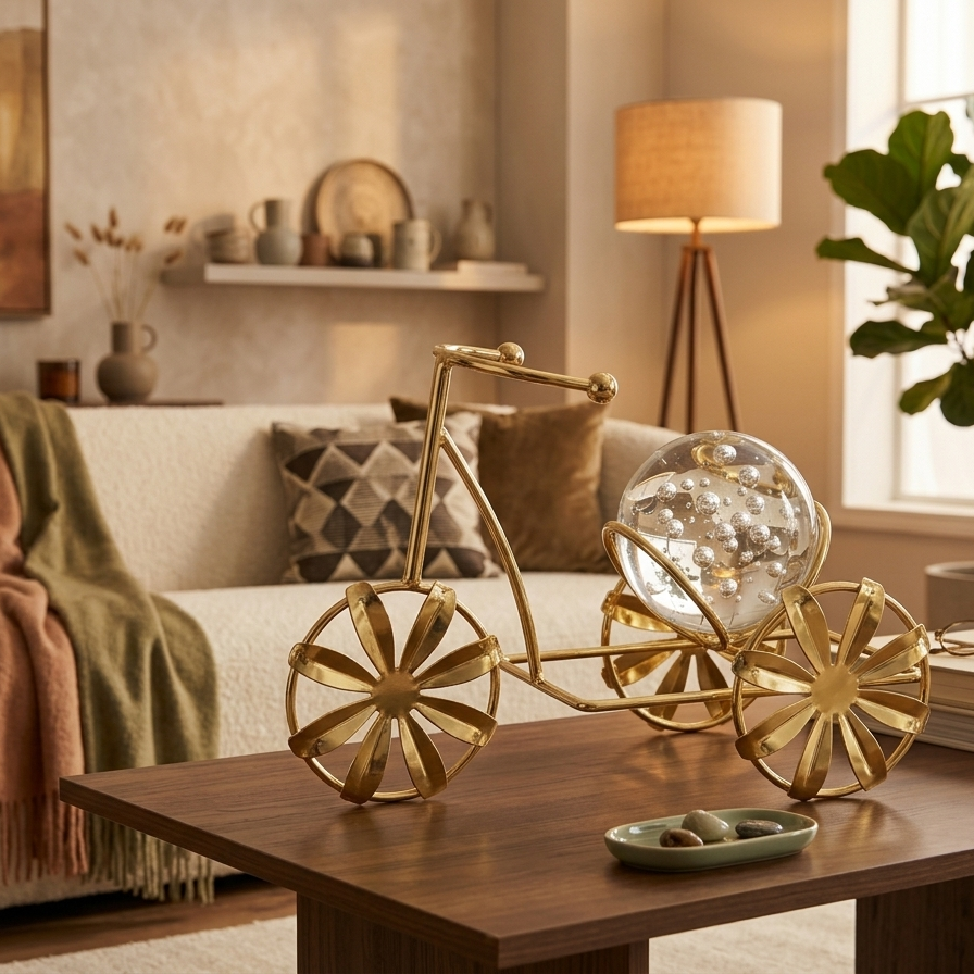 Crystal Ball on a Classic Golden metallic Tricycle