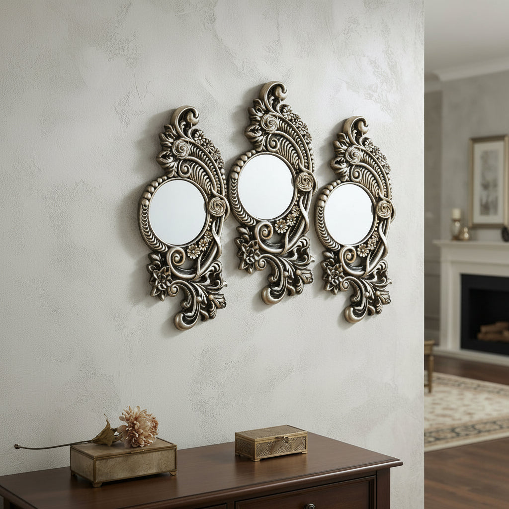 3-PCS Set of Antique Golden Floral Filigree frame with Mirror