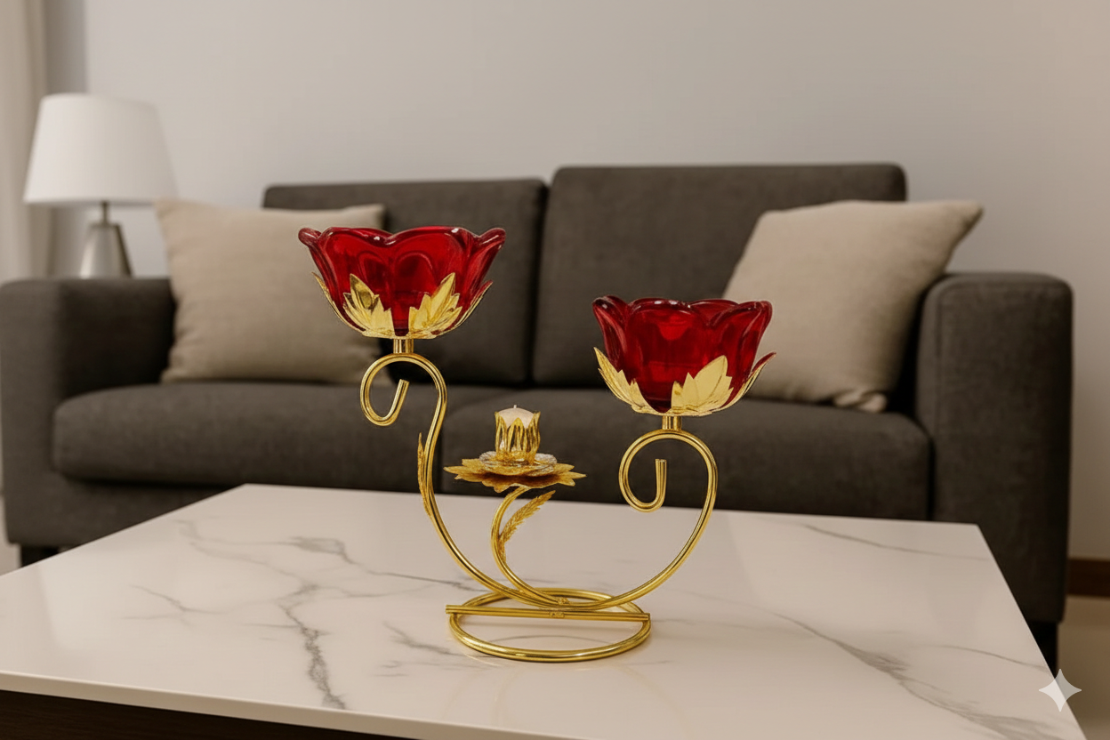 Golden Metallic Stand with 2 Red Rose Glass Holder