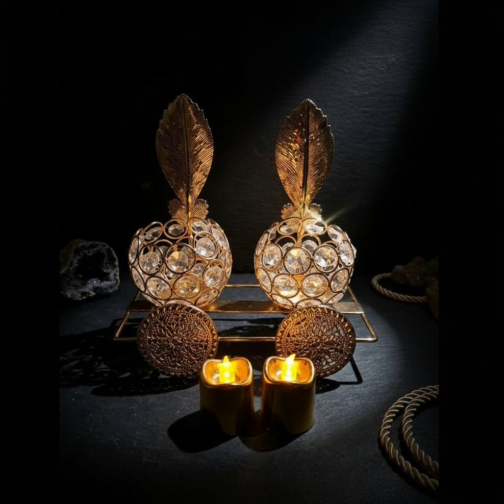 2 Crystal Candle Holders on a Golden Metallic 4 Wheels Cart with Flameless Candles