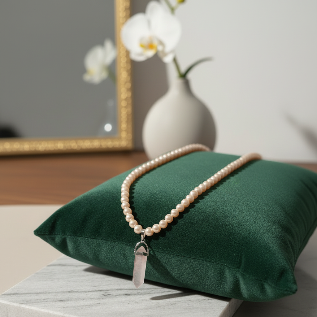 Peach Pearls Necklace with Hexagonal Column Marble Charm in Gift Packing