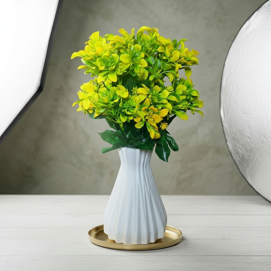 Unique Designer Plastic Vase (White) with Plastic Plant Leaves & Yellow Flowers