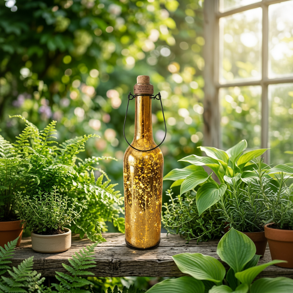 Golden Glass Bottle with Cork at opening and LED Stary String Lights inside