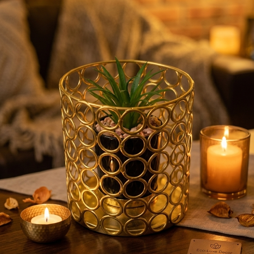 Cactus with Planter inside Golden Metallic Stand
