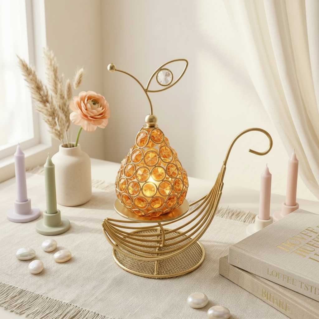 Peer Shape Crystal Table Décor with Flameless LED Candle on Metallic Boat Sail Stand