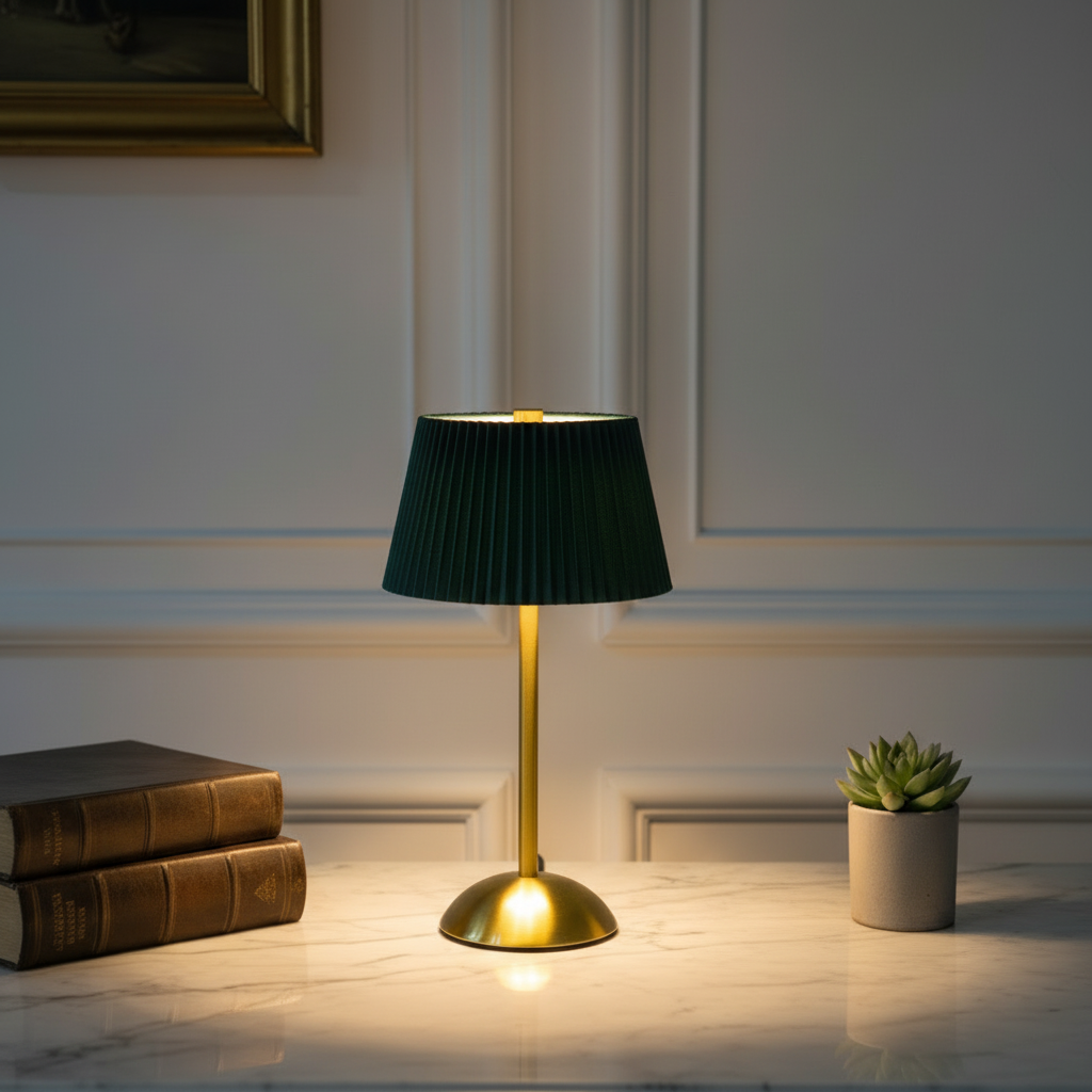 Golden LED Lamp with Green and Black Umbrella Shape Top – 3 Light Colours, Portable, Rechargeable, Touch Sensor