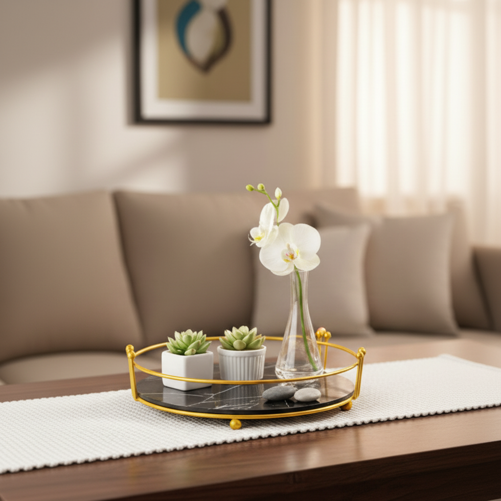 Golden Metallic Round Tray with PVC Platform & Décor Items