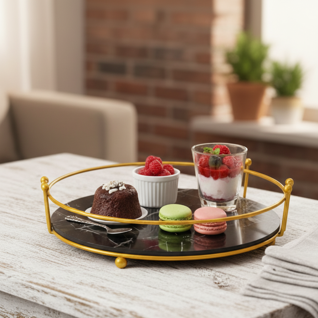 Golden Metallic Round Tray with PVC Platform & Décor Items