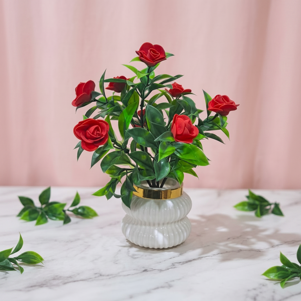 Red Camellia-Style Blossoms and lush green foliage in a white, ribbed Plastic Pot