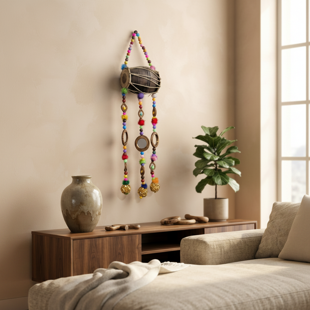 Handmade Traditional Wall Hanging - Drum with Beaded Strings (Style-1)