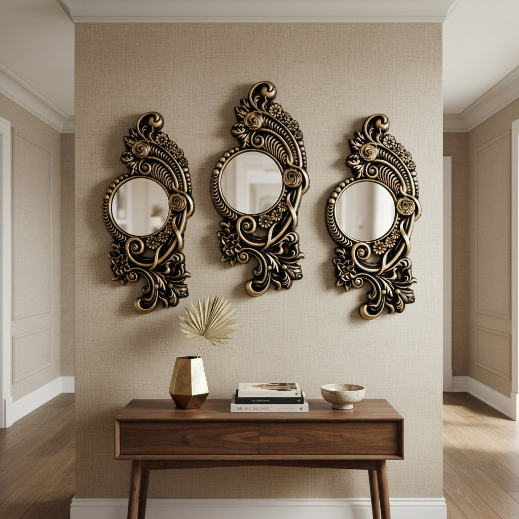 3-PCS Set of Antique Golden Floral Filigree frame with Mirror