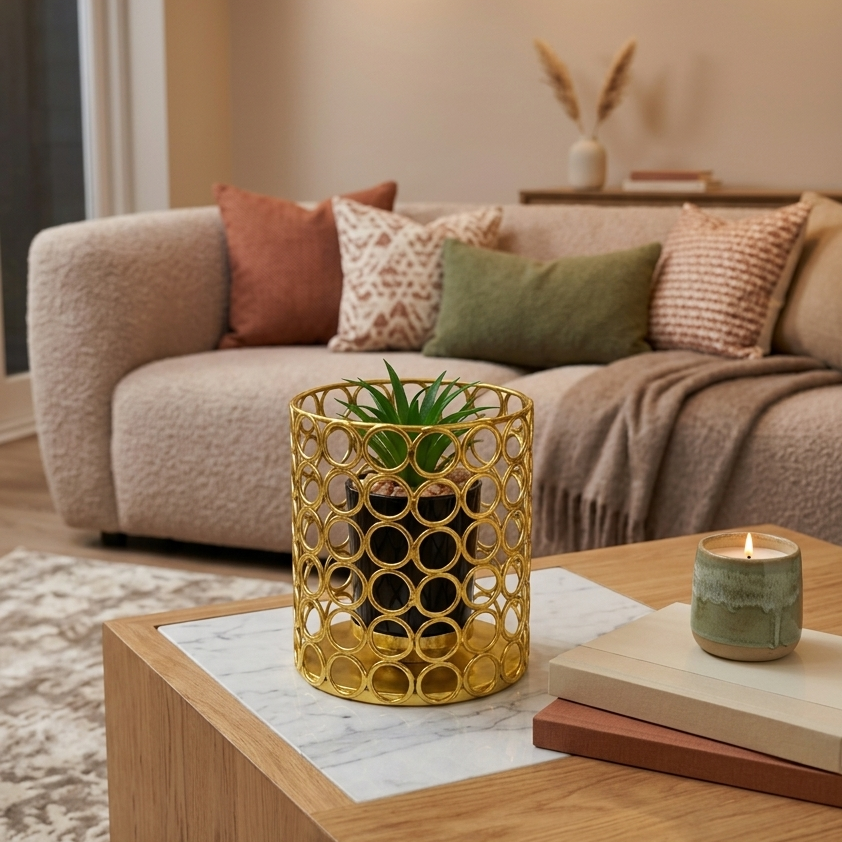 Cactus with Planter inside Golden Metallic Stand