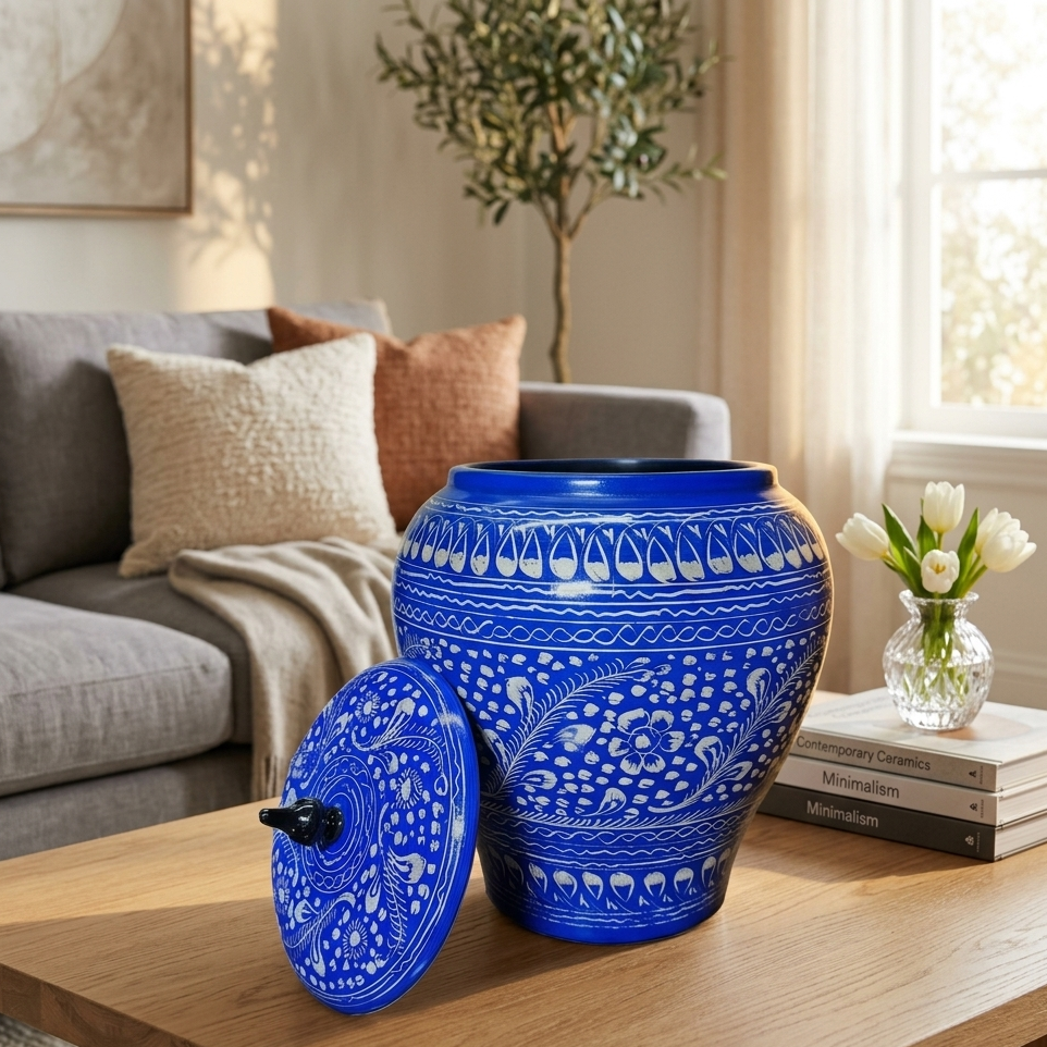 Wooden Artistic Naqshi Candy Jar (Blue Pottery)