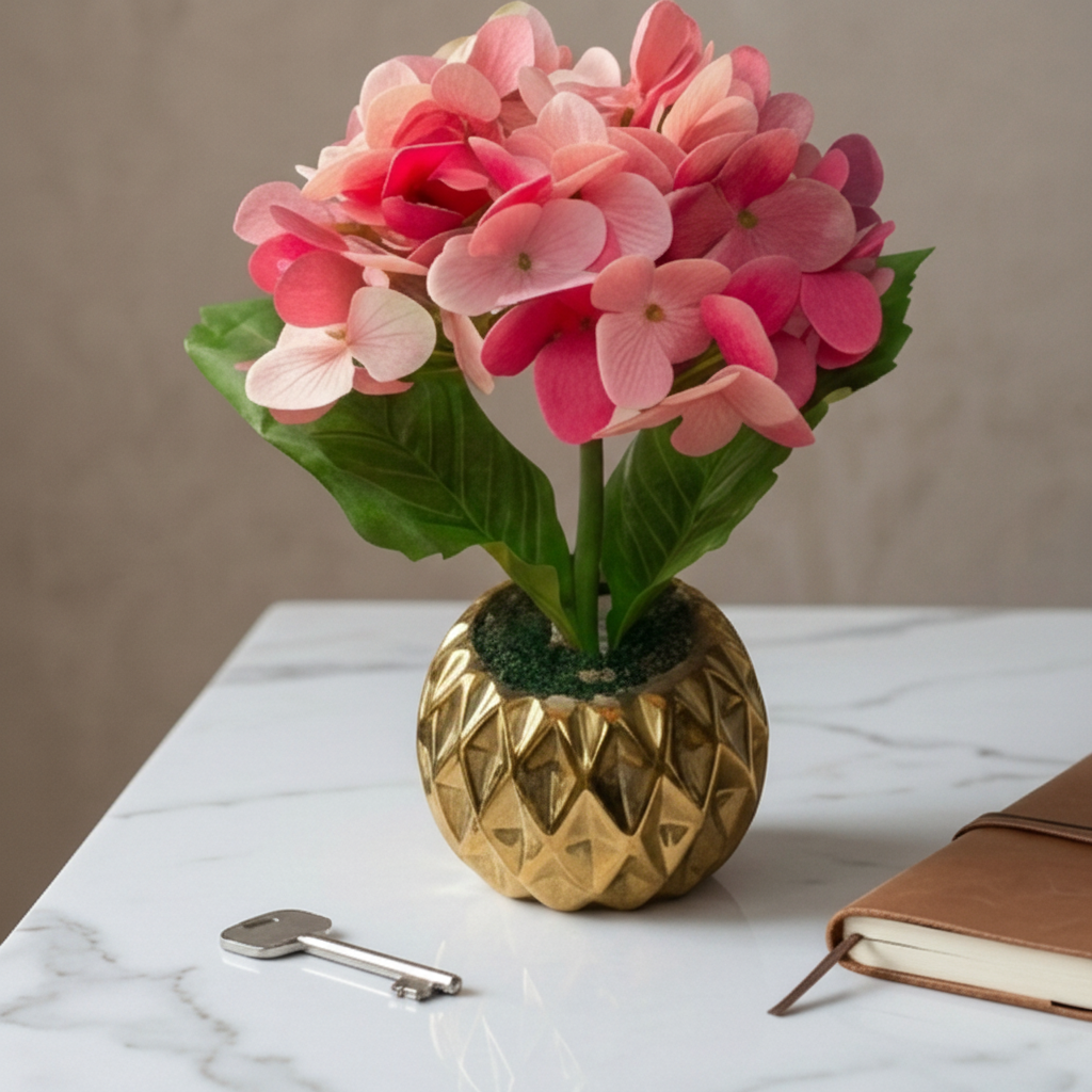 Golden Ceramic Pot with Artificial Pink Hydrangea Flowers