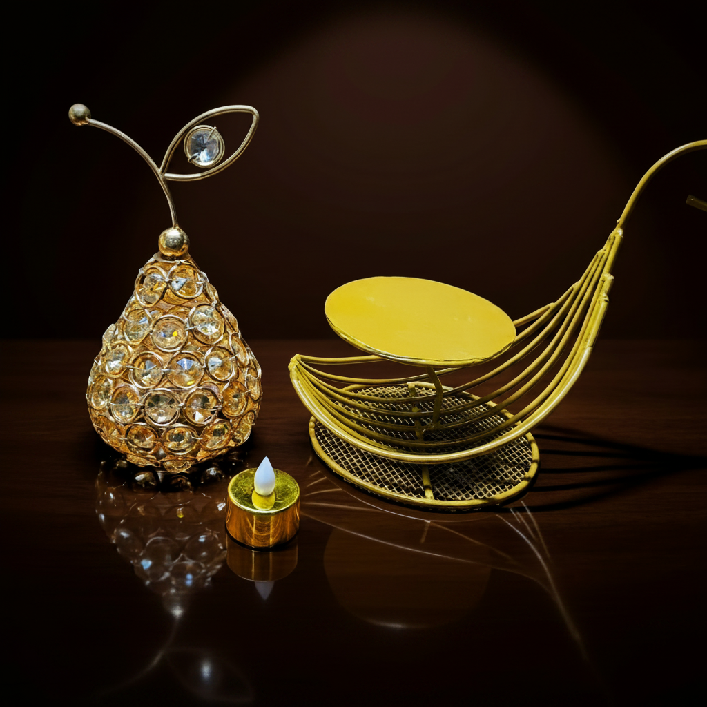 Peer Shape Crystal Table Décor with Flameless LED Candle on Metallic Boat Sail Stand
