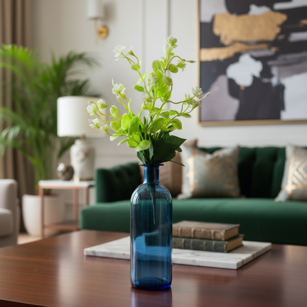 Blue Glass Bottle Vase with Bunch of White Flowers