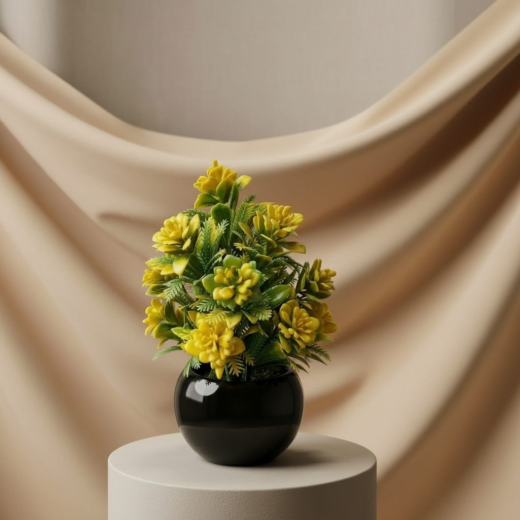Black Ceramics Pot with artificial Plant & Yellow Flowers