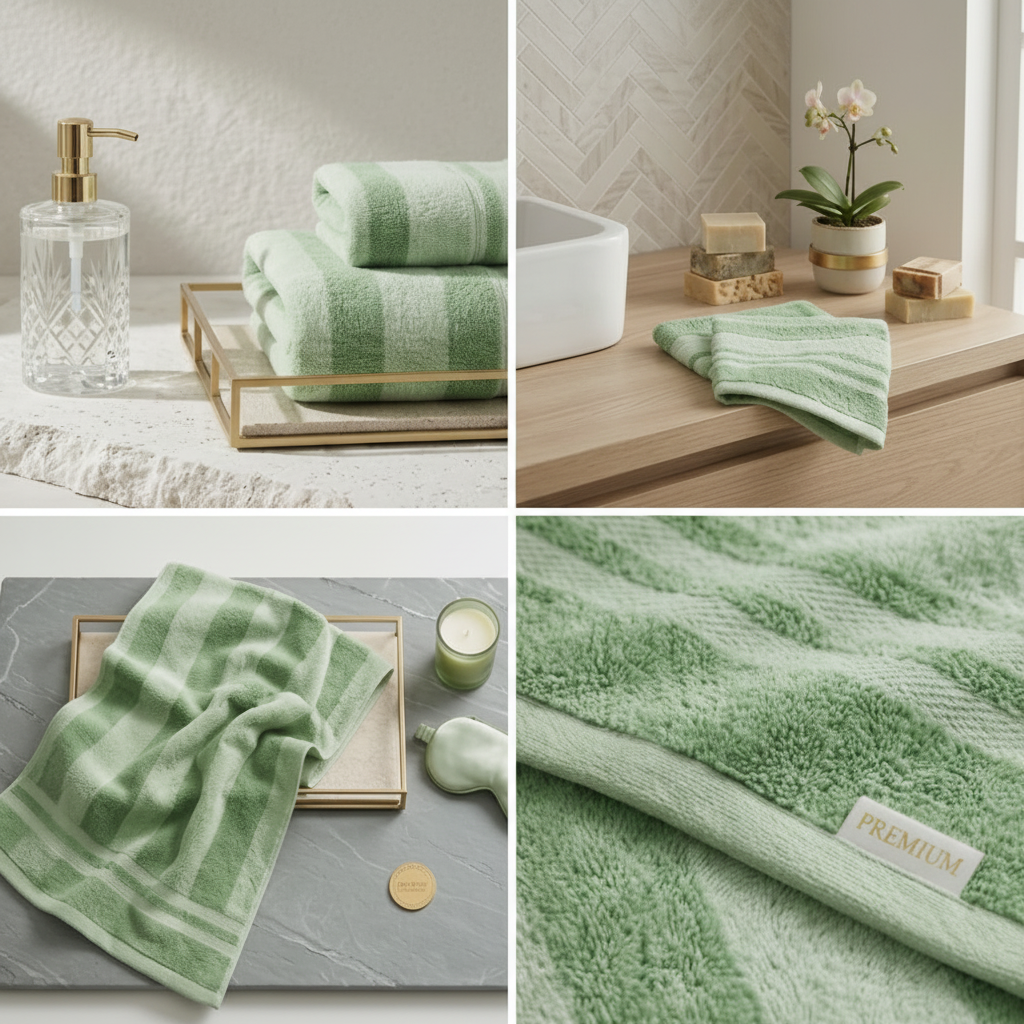 3 Pcs Premium Quality Yarn Dyed Towels Set (Light & Mid Green Stripes)