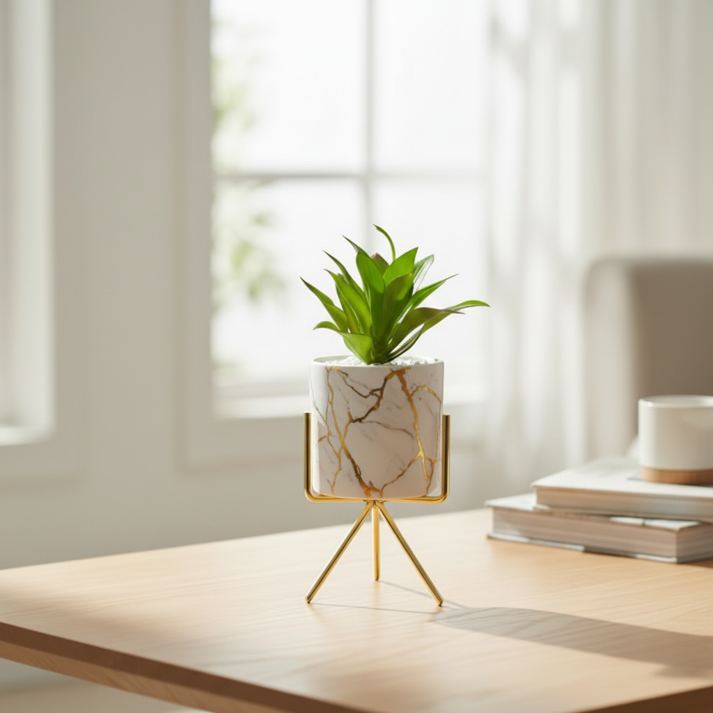 White Ceramic Pot with Cactus Plant on a Golden Metallic Tripod Stand