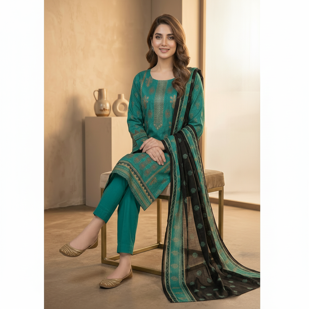3-Pcs Printed & Embroidered Lawn Suit (Stitched)