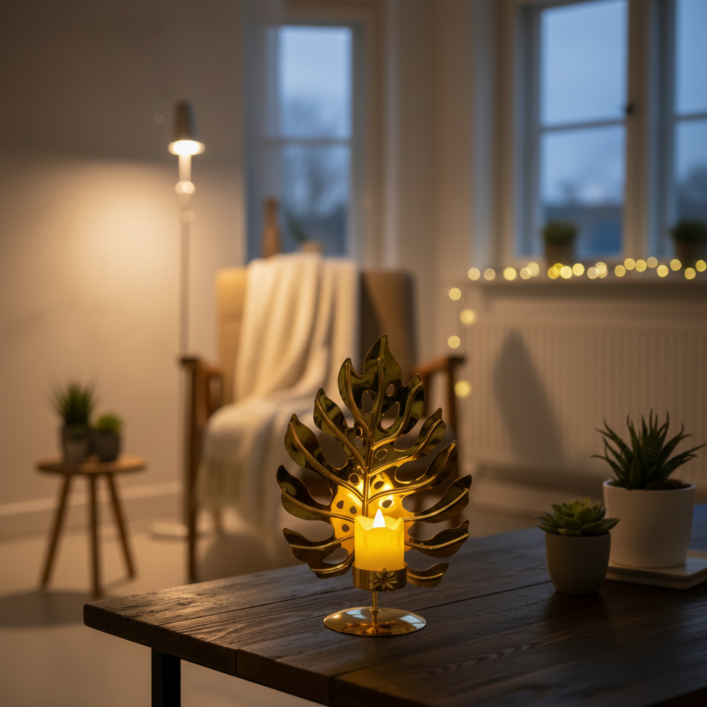 Golden Metallic Leaf Candle Stand with Flameless Candle