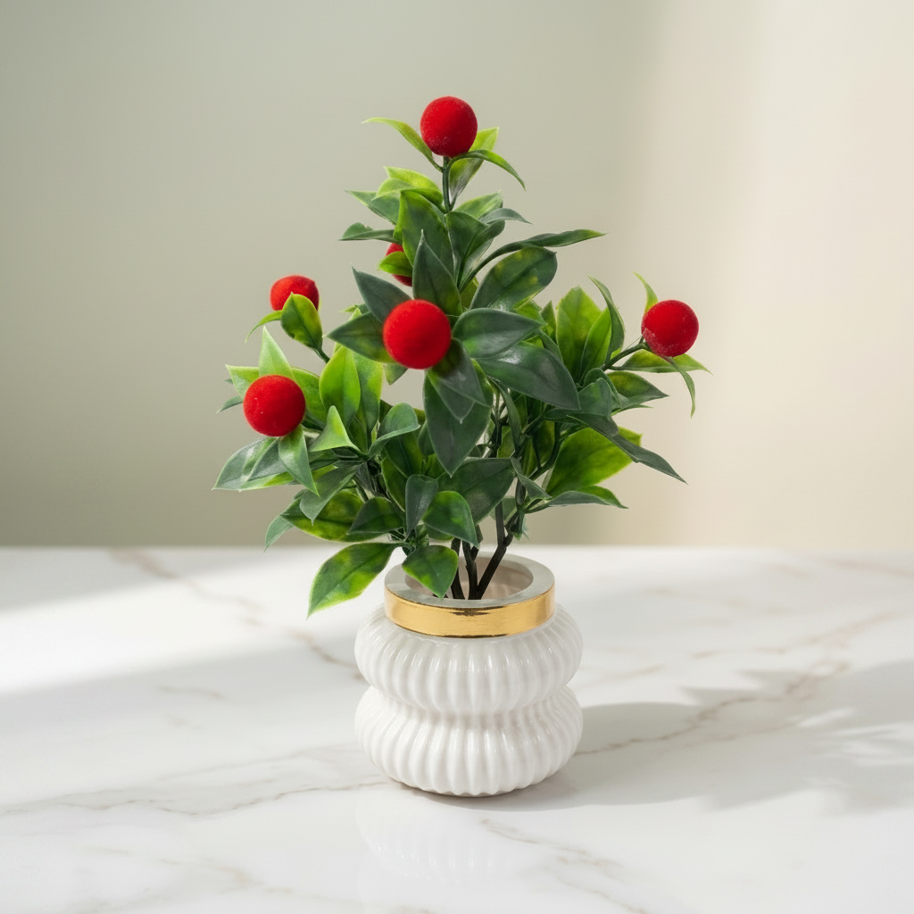 Red Cherry Plant in a white, ribbed Plastic Pot