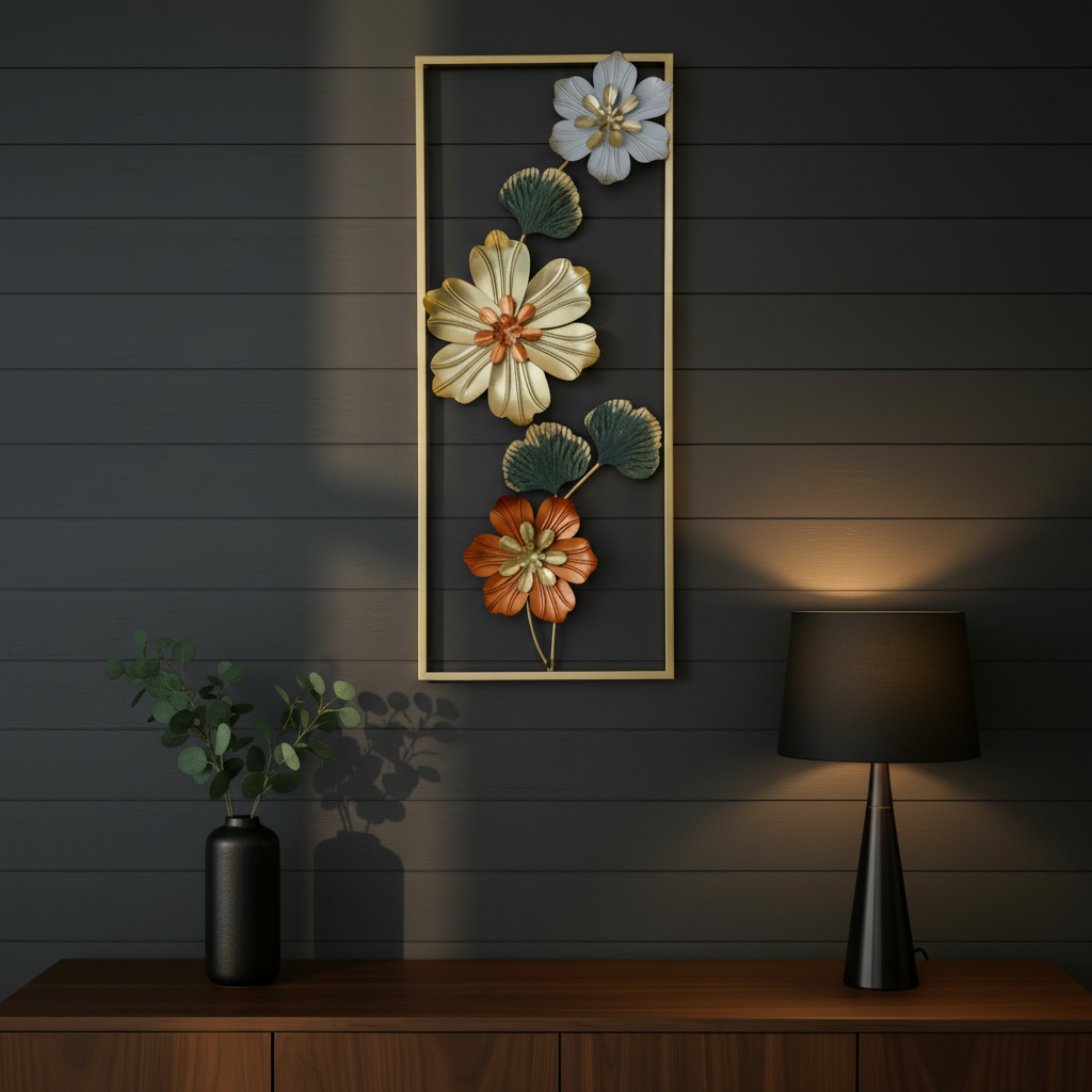 Golden Metallic Rectangular 3d Flowers Wall Décor