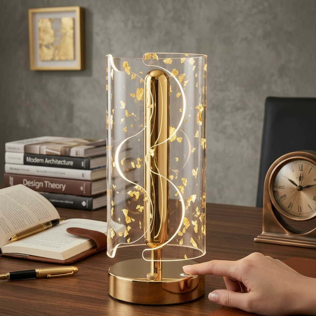 Golden LED Desk Lamp – 3 Light Colours, Portable, Rechargeable, Touch Sensor