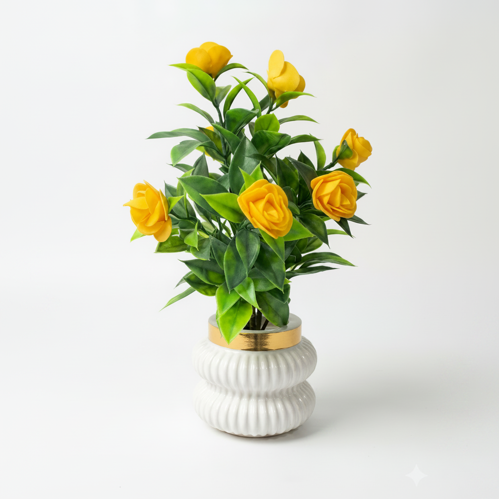 Yellow Camellia-Style Blossoms and lush green foliage in a white, ribbed Plastic Pot