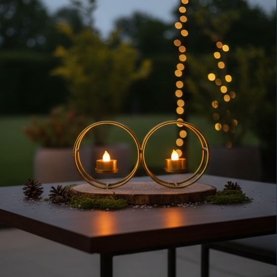 Golden Metallic Rings Style Candle Stand with 2 Golden LED Candles