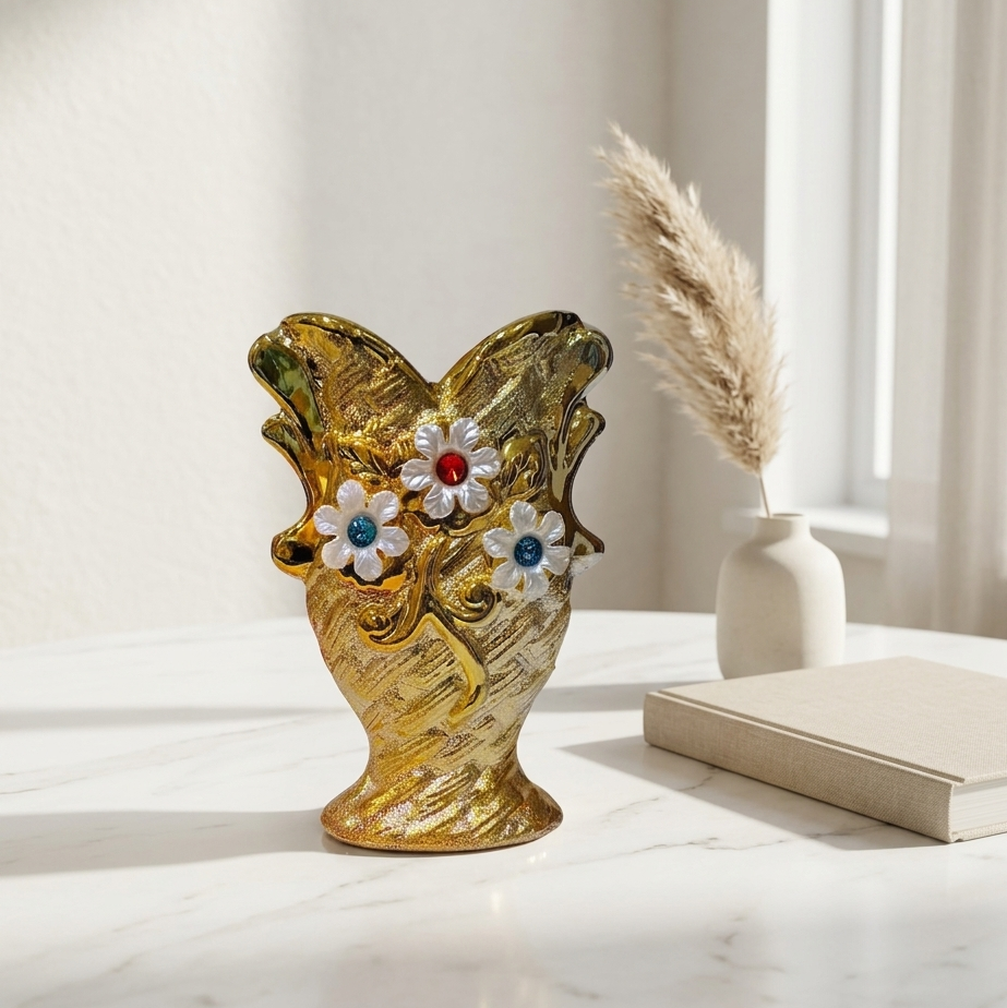 Golden Ceramic Vases decorated with Gemstones