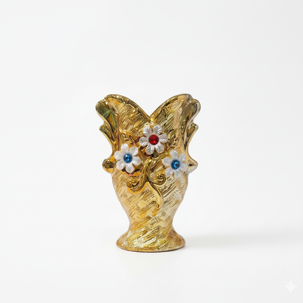 Golden Ceramic Vases decorated with Gemstones