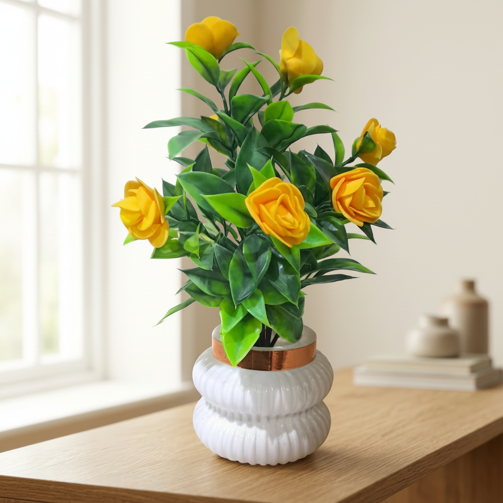 Yellow Camellia-Style Blossoms and lush green foliage in a white, ribbed Plastic Pot