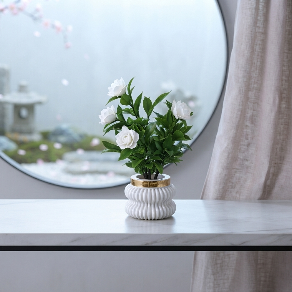 White Camellia-Style Blossoms and lush green foliage in a white, ribbed Plastic Pot