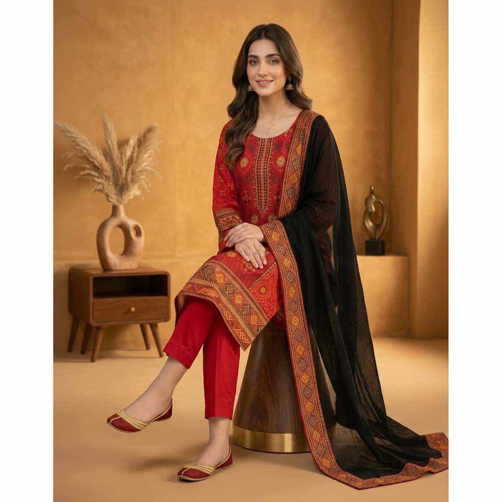 3-Pcs Printed & Embroidered Lawn Suit (Stitched)