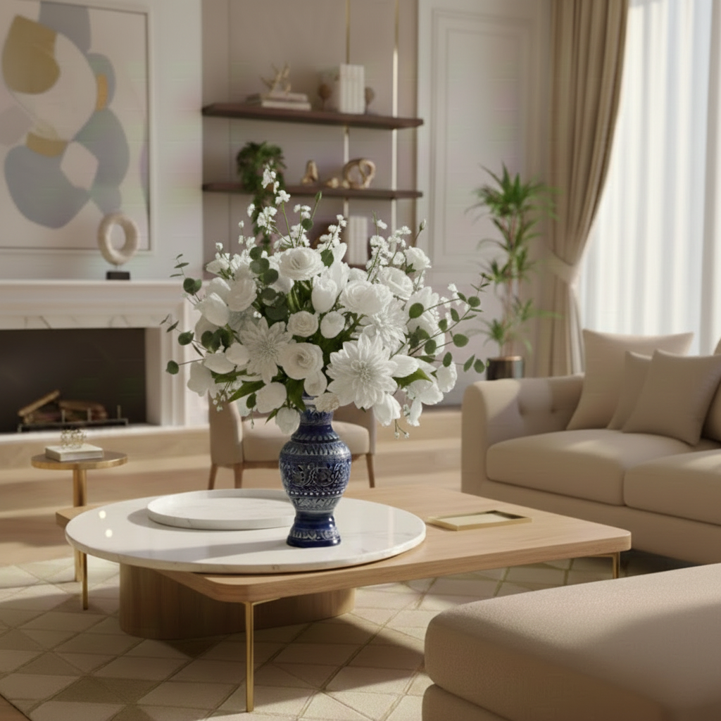 Blue-White Naqshi Wooden Vase (without Flowers)