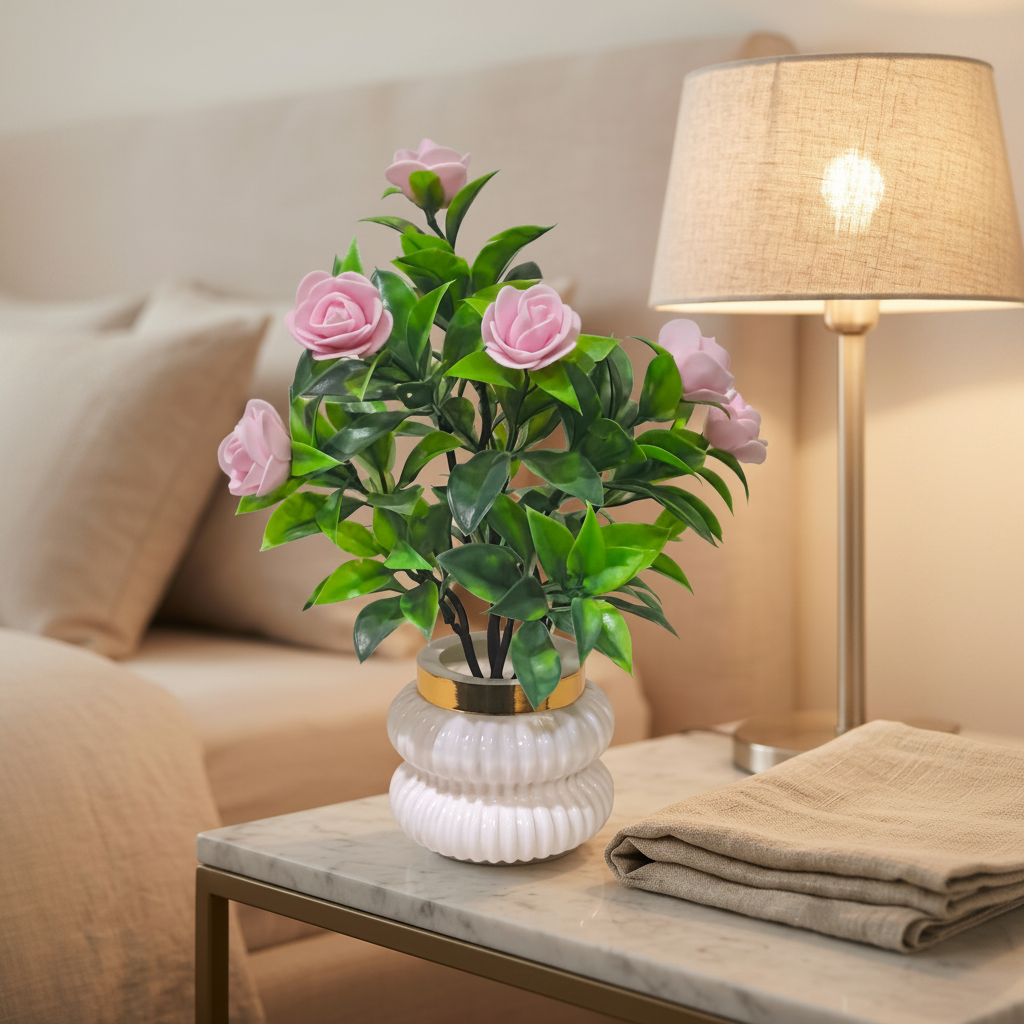 Pink Camellia-Style Blossoms and lush green foliage in a white, ribbed Plastic Pot