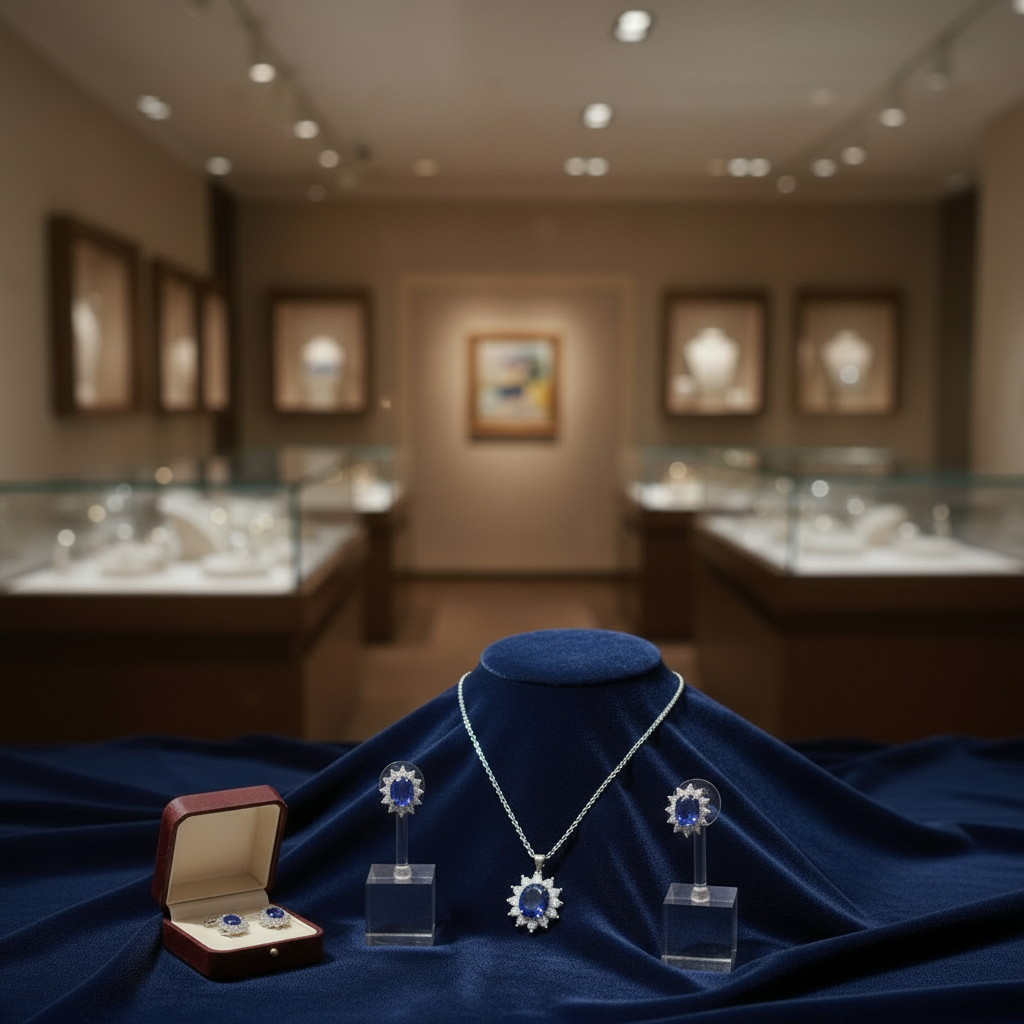 3-Pieces Set of Oval Simulated Sapphire Sterling Silver Locket with Earrings in Gift Packing