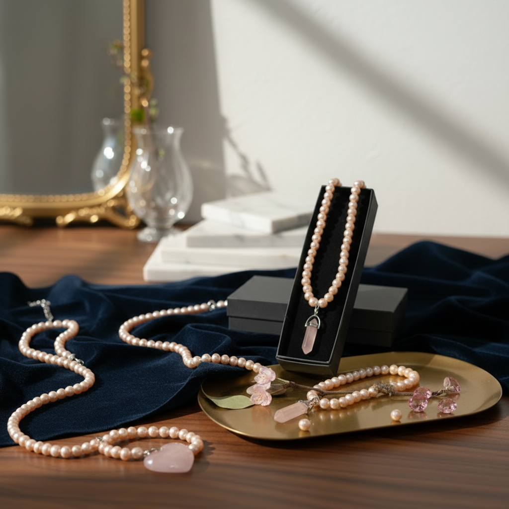 Peach Pearls Necklace with Hexagonal Column Marble Charm in Gift Packing