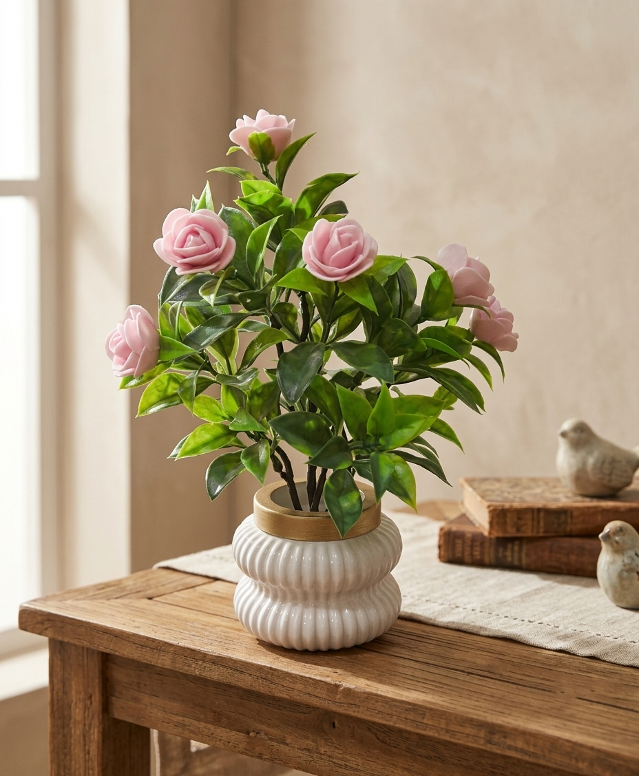 Pink Camellia-Style Blossoms and lush green foliage in a white, ribbed Plastic Pot