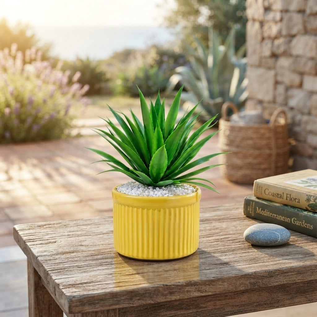 Artificial Green Succulent-style desk plant in a ridged yellow pot