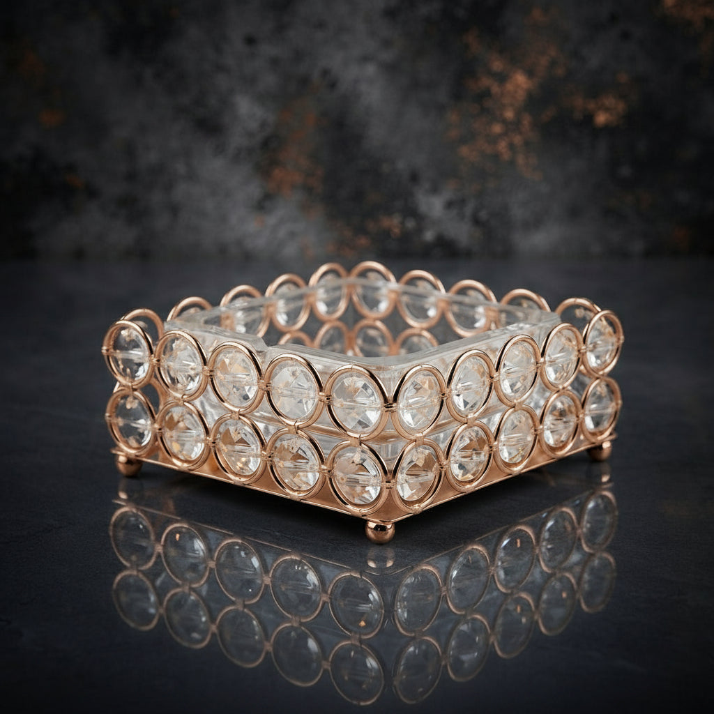 Glass Ashtray in a Golden Metallic Crystal Beaded Stand