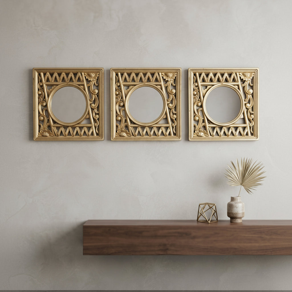 3-PCS Set of Golden Geometric and Floral Cutout Design with Round Mirror at Center