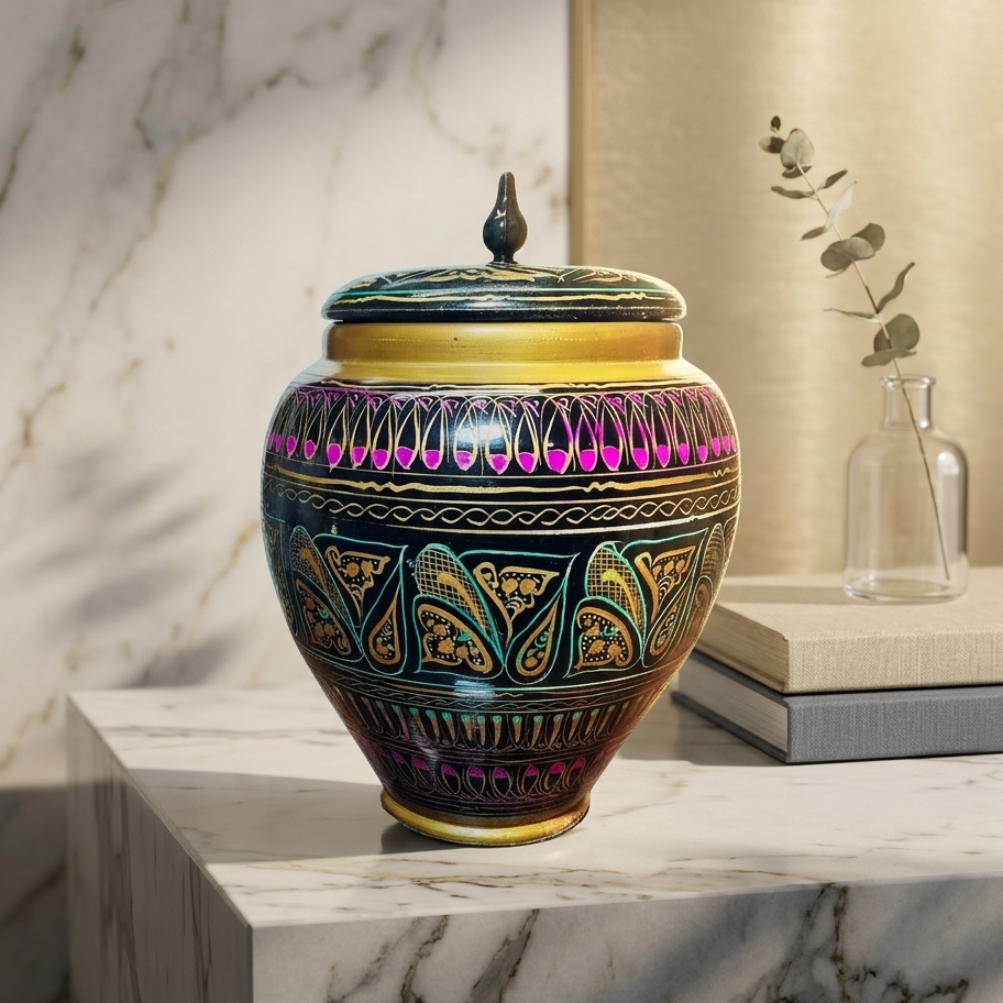 Pink-Yellow-Black Wooden Artistic Naqshi Candy Jar