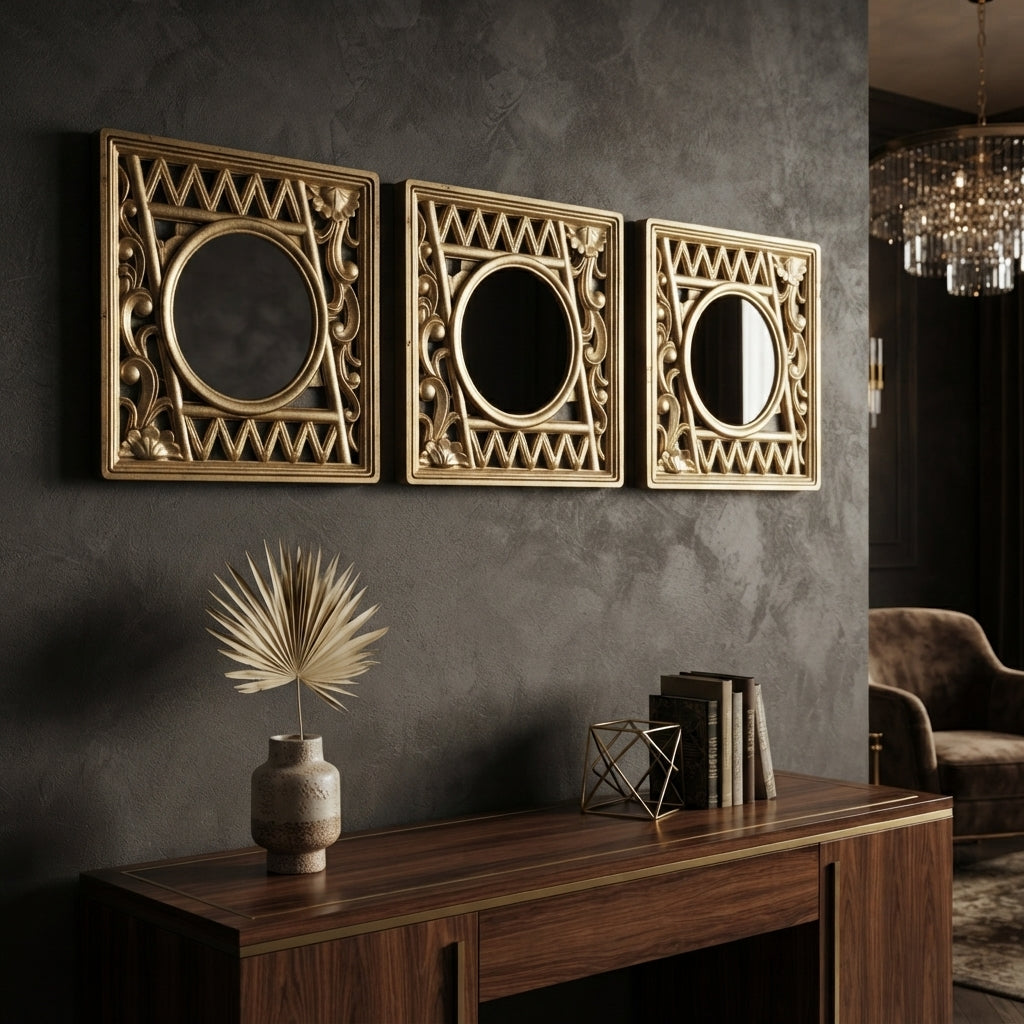 3-PCS Set of Golden Geometric and Floral Cutout Design with Round Mirror at Center