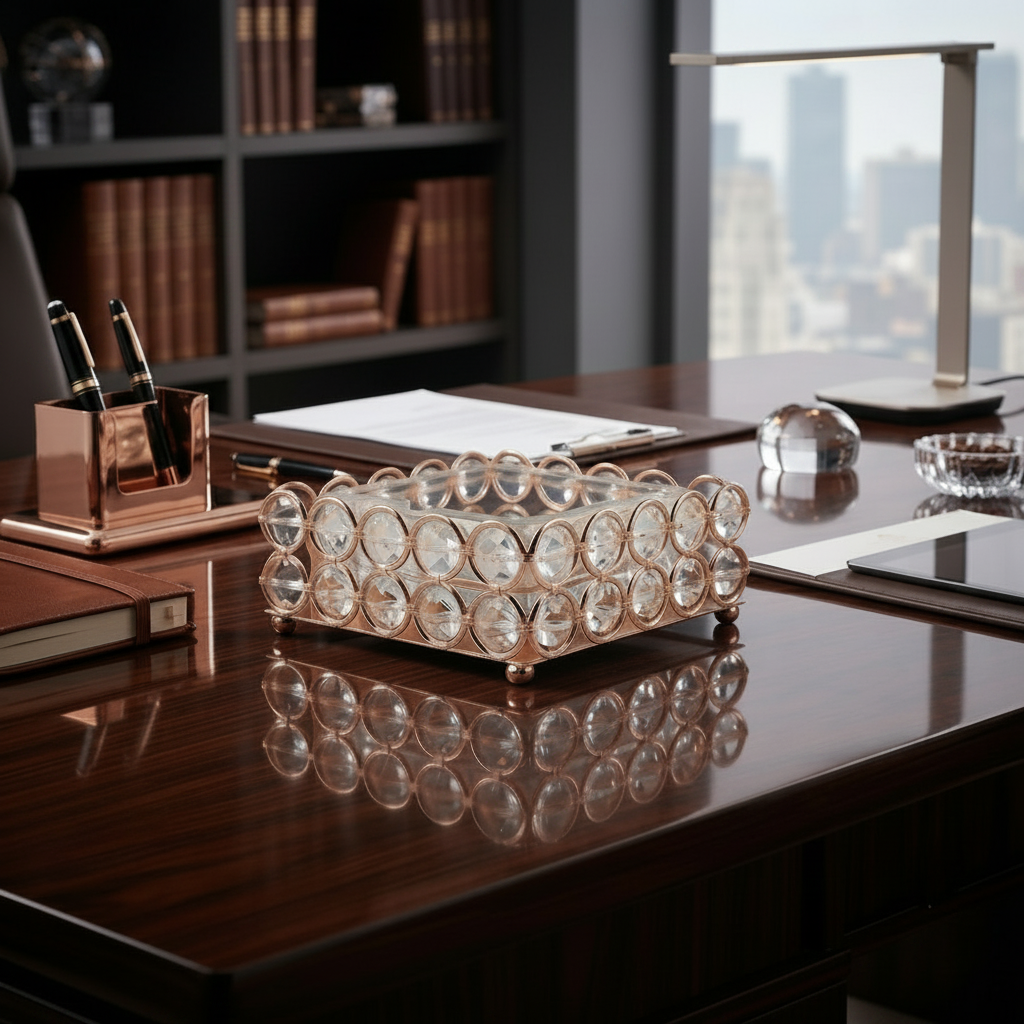 Glass Ashtray in a Golden Metallic Crystal Beaded Stand