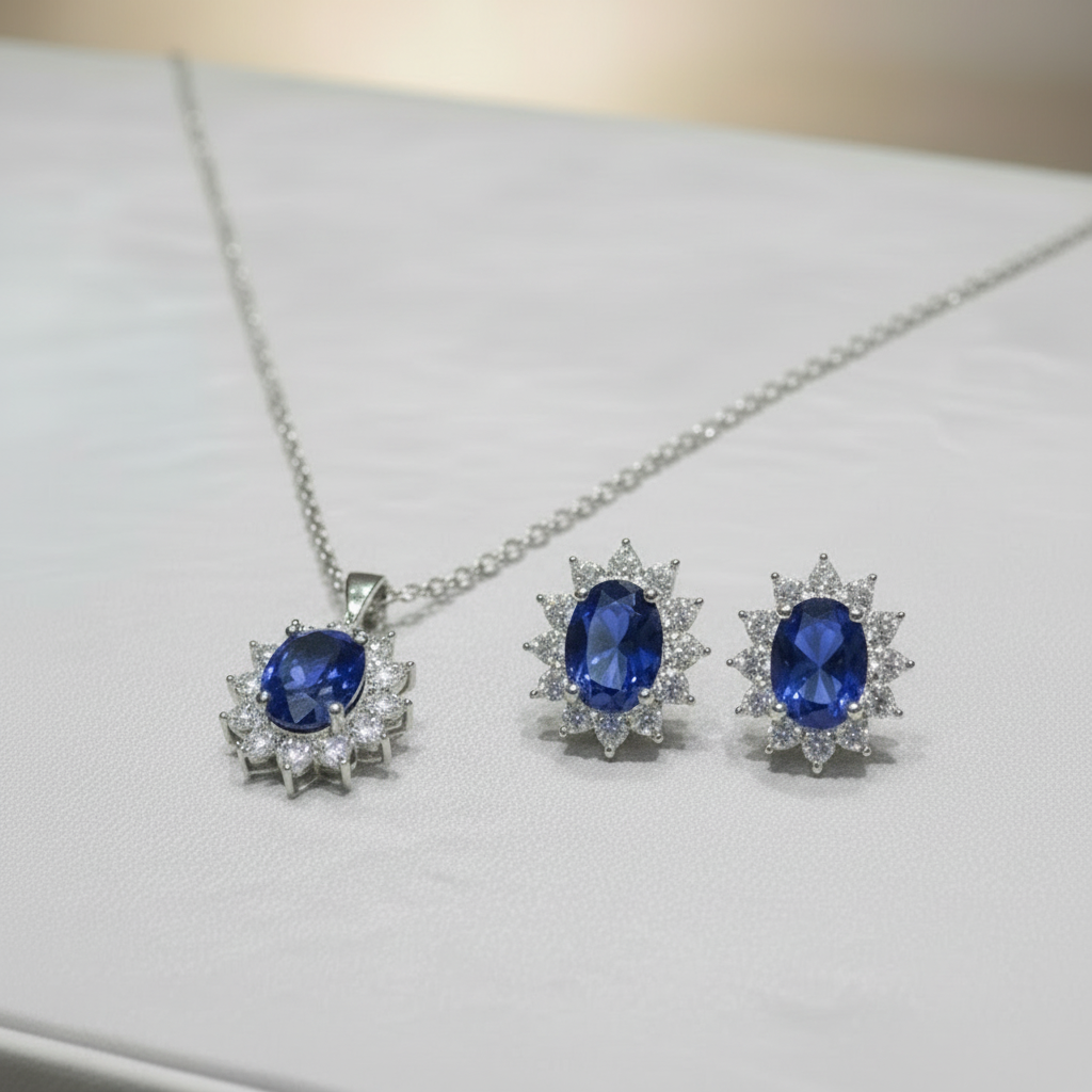 3-Pieces Set of Oval Simulated Sapphire Sterling Silver Locket with Earrings in Gift Packing