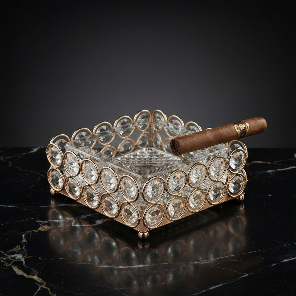 Glass Ashtray in a Golden Metallic Crystal Beaded Stand