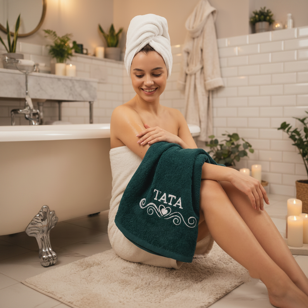 Dyed Embroidered Bath Towel (Sea Green)