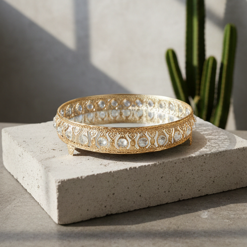 Golden Metallic Round Tray with Crystal Beads in walls and Mirror at Platform (without Décor Items)